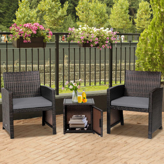 3 Pieces Patio Wicker Furniture Set With Storage Table And Protective Cover-Gray (HW69444GR)