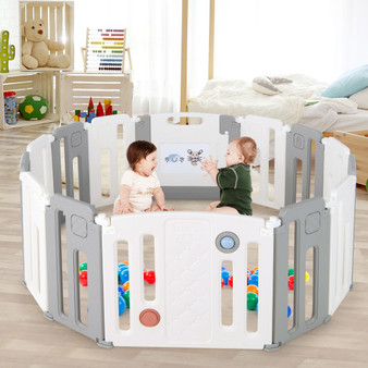 14 Panels Kids Safety Activity Play Center With Drawing Board-Gray (BS10010BE)