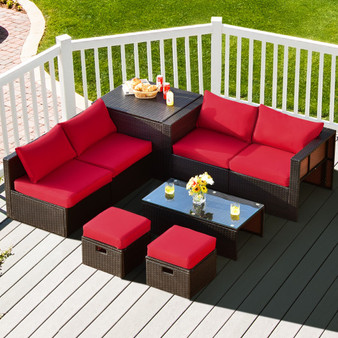 8 Pieces Patio Space-Saving Rattan Furniture Set With Storage Box And Waterproof Cover-Red (HW68592RE+)