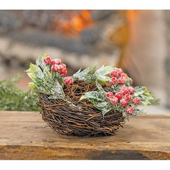 Frosty Red Berries & Leaves Bird Nest F18259