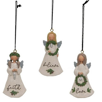 3/Set Believe/Love/Faith Resin Angel Ornaments G52074 By CWI Gifts