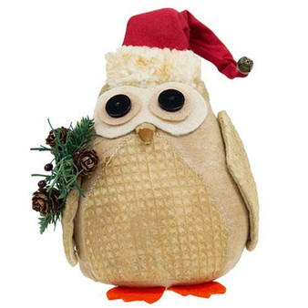 Stuffed Owl in Santa Hat With Winter Greenery G91098
