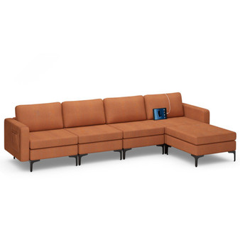 Modular L-Shaped Sectional Sofa With Reversible Ottoman And 2 Usb Ports-Orange (HV10299OG-A+B+E+D)