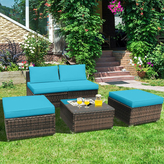 5-Pieces Patio Rattan Wicker Furniture Set Armless Sofa Ottoman Cushioned-Turquoise (HW66745TUA+)