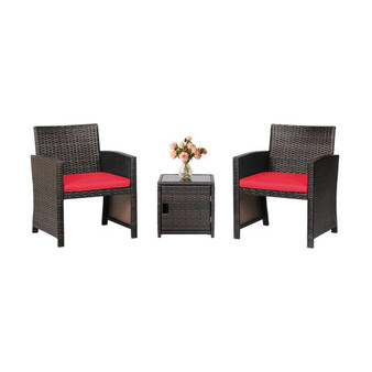 3 Pieces Patio Wicker Furniture Set With Storage Table And Protective Cover-Red (HW69444RE)