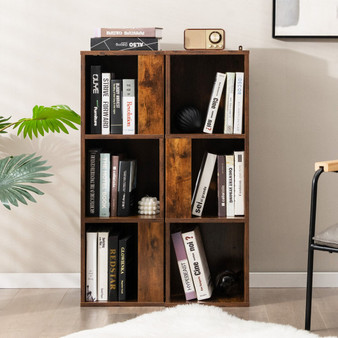 3-Tier 6 Cube Freestanding Bookcase With Anti-Toppling Device-Rustic Brown (JV10699CF-2)