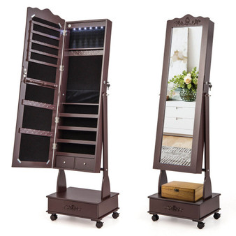 Rolling Floor Standing Mirrored Jewelry Armoire With Lock And Drawers-Brown (JV10584BN)
