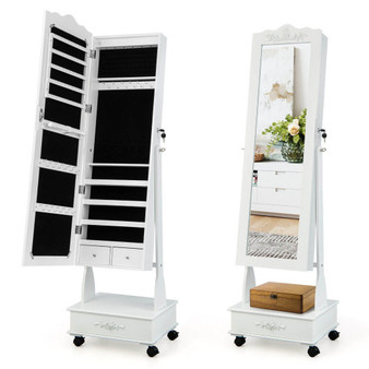 Rolling Floor Standing Mirrored Jewelry Armoire With Lock And Drawers-White (JV10584WH)