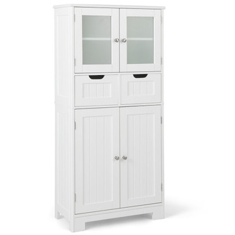 3 Tier Freee-Standing Bathroom Cabinet With 2 Drawers And Glass Doors-White (JV10643WH)