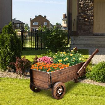 Wooden Wagon Planter Box With Wheels Handles And Drainage Hole-Rustic Brown (GT3929CF)