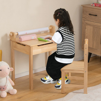 Toddler Multifunctional Activity Table And Chair Set With Paper Roll Holder-Natural (HY10111NA)