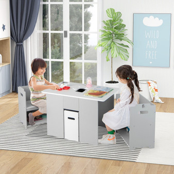4-In-1 Kids Table And Chairs With Multiple Storage For Learning-Gray (HY10119GR)