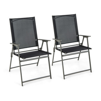 2 Pieces Patio Folding Chairs With Armrests For Deck Garden Yard-Black & Gray (NP11024BK-2)