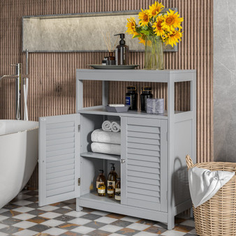 Freestanding Bathroom Floor Cabinet With Double Shutter Doors-Gray (HW66189GR)