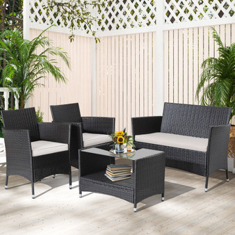 4 Pieces Patio Conversation Set With Soft Cushions And Tempered Glass Tabletop (HW70627)