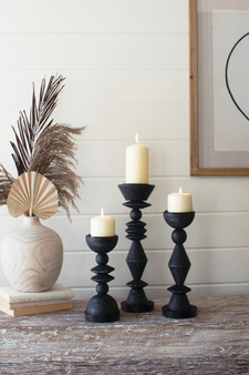 Set Of Three Turned Wood Candle Holders - Black (CVY1429)
