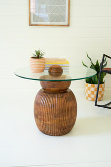 Carved Round Mango Table Base With Glass Top (NABA1002X)