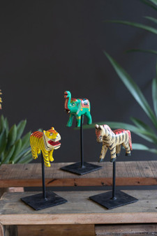 Set Of Three Painted Wooden Animals On Metal Stands (NMCC1350)