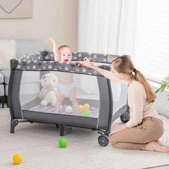 Portable Baby Playard With Changing Table Bassinet And Music Box-Gray (BE10016GR)