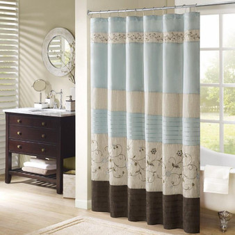 Faux Silk Lined Shower Curtain W/Embroidery - Blue MP70-1392
