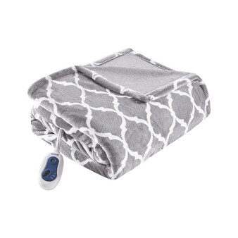 100% Polyester Knitted Ogee Printed Microlight/Solid Microlight Heated Throw - Grey BR54-0538