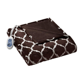 100% Polyester Knitted Ogee Printed Microlight/Solid Microlight Heated Throw - Brown BR54-0542