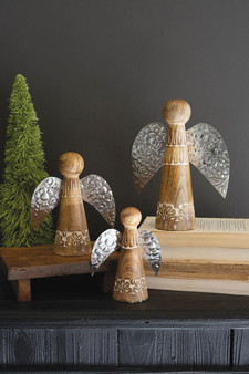 Set Of Three Wood And Tin Table Top Christmas Angels (NNV1205)