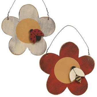 Distressed Wooden Flower & Bug Ornament 2 Assorted (Pack Of 2) G12888
