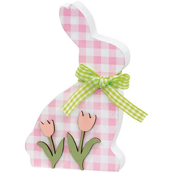 Pink & White Buffalo Check Bunny With Tulips Sitter G37638