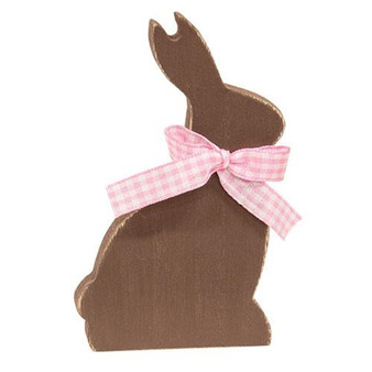 Wooden Chocolate Bunny Sitter With Pink Check Ribbon G37644
