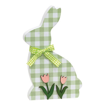 Green & White Buffalo Check Bunny With Tulips Sitter G37733