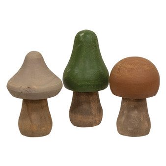 Set Of 3 Distressed Wooden Natural Color Mushrooms G37850