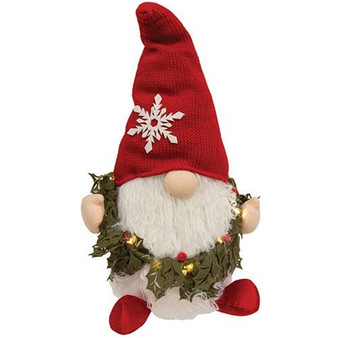 Holly Wreath Gnome With Led Lights GADC4391