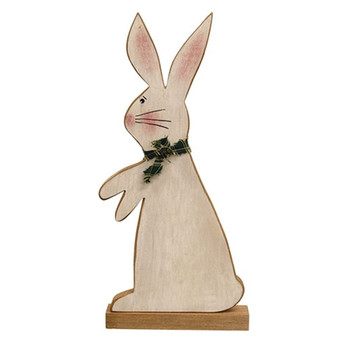 Distressed Standing Wooden Bunny With Green & White Scarf On Base GBH39