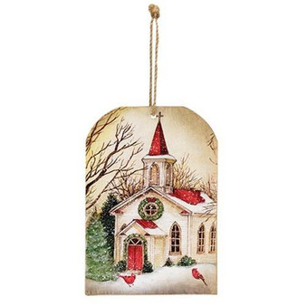 Winter Church Scene Wooden Tag Ornament