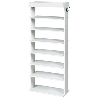 White 7-Tier Vertical Design Wooden Shoe Storage Shelf With Hooks- (Hw63952Wh)