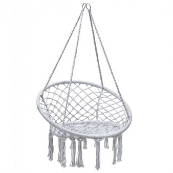 White Hanging Macrame Hammock Chair With Handwoven Cotton Backrest- (Hw63846Hs)