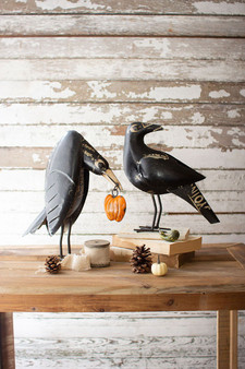 Two Set Recycled Iron Crows Holding A Pumpkin