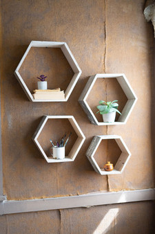 Whitewash Four Set Recycled Wood Hexagon Wall Shelves