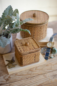 Two Set Round And Square Woven Cane Boxes