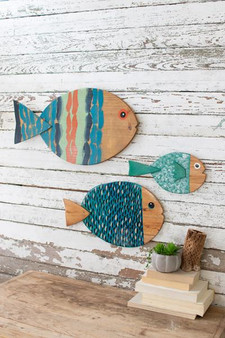 Decorative Set Of Three Painted Wooden Fish Wall Hangings