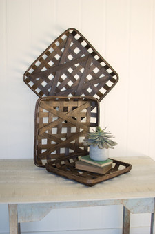 3 Set Dark Brown Square Woven Split Wood Baskets