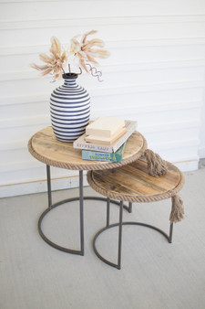 2 Set Round Nesting Tables W Recycled Wood W Rope Accent
