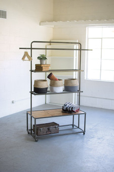 Display Unit With Wire Mesh And Wood Shelves