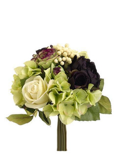 Silk Rose And Hydrangea Wedding Bouquet In Green Plum