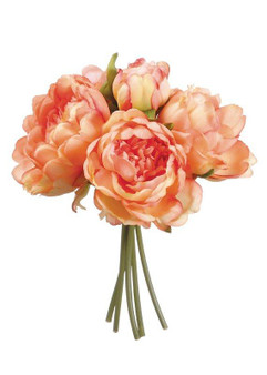 Artificial Bouquet Of Peonies In Peach Coral - 9.5"