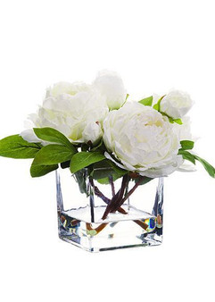 White Peony Silk Flower Arrangement In Glass Vase - 9" Tall