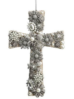 12" Rhinestone/Pearl Cross Ornament Silver Pearl (Bundle Of 6) XN0121-SI/P