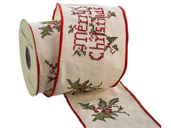 4"W X 5Yd Merry Christmas Holly Embroidered Ribbon Beige Red (Bundle Of 6) RW5448-BE/RE