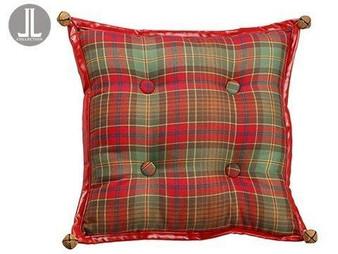 16"W X 16"L Plaid Pillow With Bells Red Green 6 Pieces XAK839-RE/GR